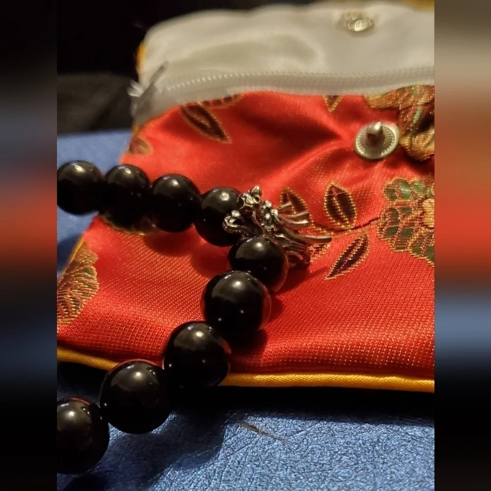 Elite Shungite Beaded Stretch Bracelet With Silver Dragon Head Charm